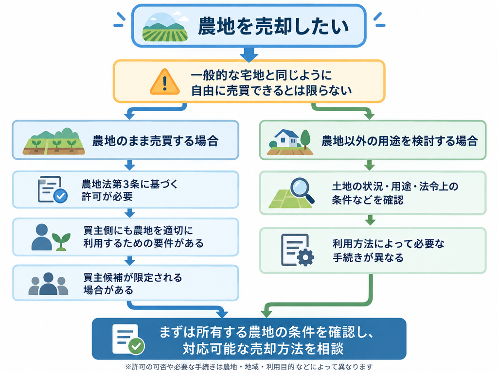 農地売却の条件と手続きを解説した分岐フロー図。農地のまま売買する場合は農地法第3条の許可や買主側の要件があり、買主候補が限定される場合があることを説明。農地以外の用途を検討する場合は、土地の状況や用途、法令上の条件に応じて必要な手続きが異なることを示している。