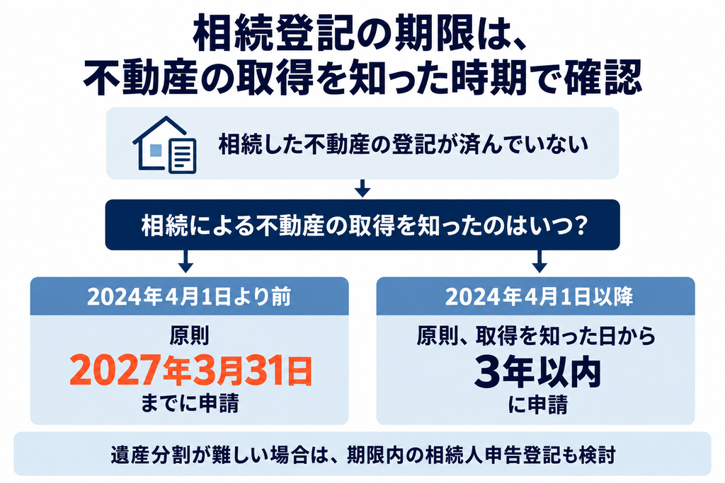 相続登記の期限を不動産の取得を知った時期で分け、二〇二七年三月末と取得を知った日から三年以内で示した図解
